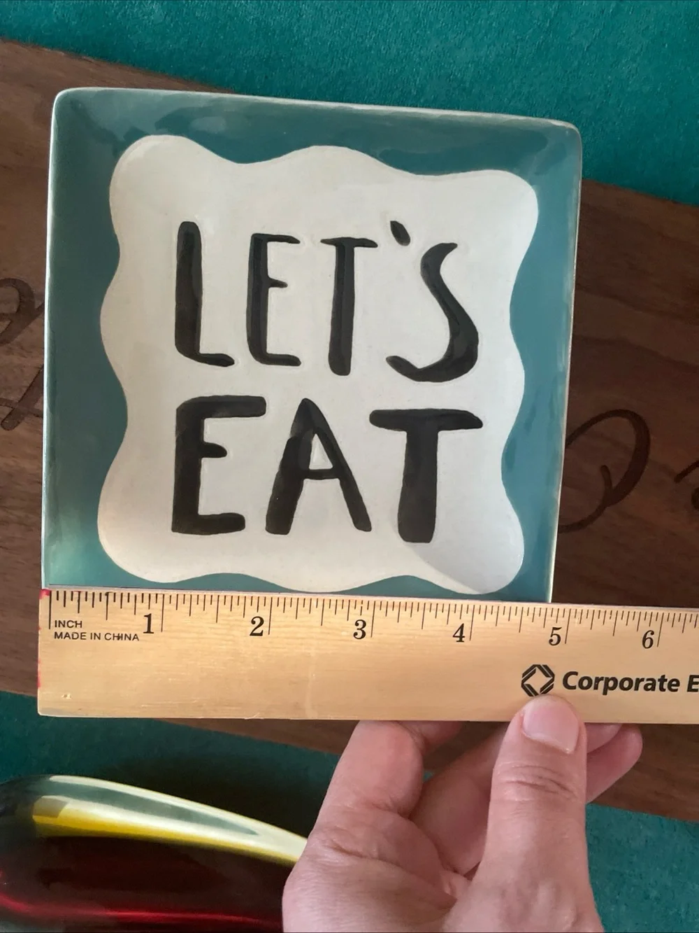 Ceramic 'LET'S EAT' Square Appertizer Dishes in Teal & White